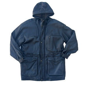 Authentic Europe Craft Leather Hooded Jacket Mens M Black Zip Up Drawstring Coat